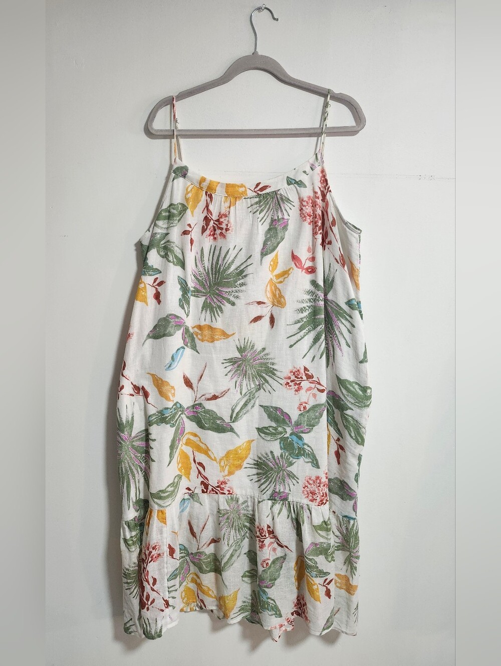 Women's White Tropical Print Sundress with Yellow & Green Accents. Cotton/Linen